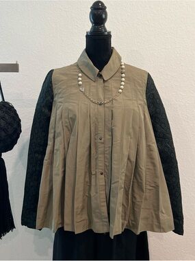 Pleated Button-Front Shirt Jacket in Olive with Black Sleeves